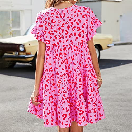 Women Summer Short Sleeve Dresses Casual Crew Neck Leopard Floral Mini Dress Ruffle Loose Flowy Short Dress Hot Pink #TOP4