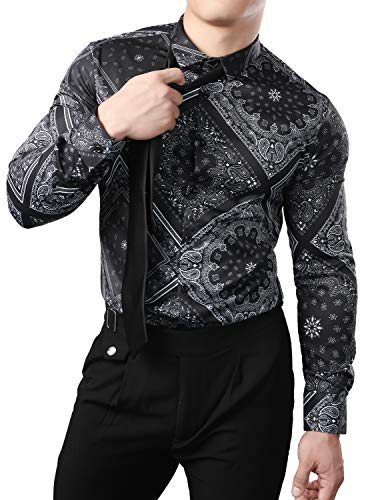 JOGAL Men s Paisley Bandana Print Long Sleeve Button Down Dress Shirts X-Large Black
