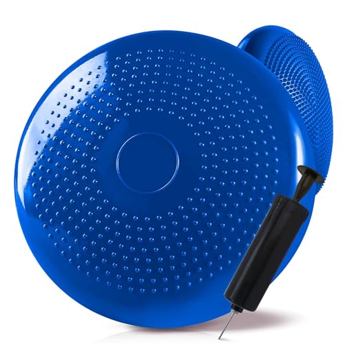 OcioDual Cojin Equilibrio Azul, Wobble Cushion, Cojin de Equilibrio, Cojín Oscilante para entrenamiento de Core, Propiocepción, Agilidad, Superficie PVC con Inflador Manual