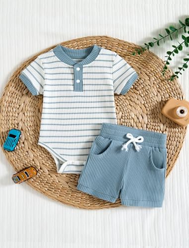 Baby Boy Outfits Ribbed Short Sleeve Striped Romper Top Solid Shorts with Pocket Baby Boy Summer Clothes 0-18M2