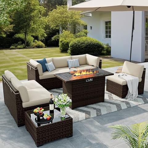VONZOY 8 Pieces Outdoor Patio Furniture Set with 44" Fire Pit Table Rattan Sectional Conversation Sets w/Gas Fire Pit, Coffee Table, 2 Waterproof Covers, Khaki Cover