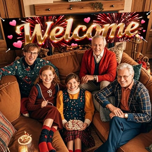 Image of Nuxovilar Welcome Home Banner Golden Red Firework 17.7x78.7 Polyester | Welcome poster photo backdrop reunion decoration banner hanging porch entryway parlor (Red Firework)