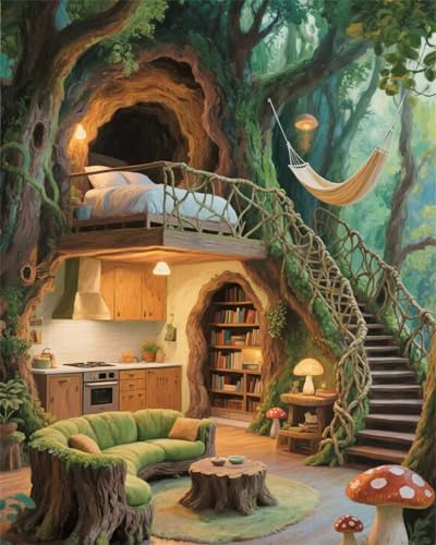 Adult Paint by Number Kits,The Treehouse Space I Long for, Relaxing DIY Paint by Numbers kit for...