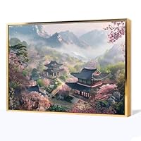 絵画 インテリア絵 額付(黒)油絵　uF6-063203　田園風景、朝陽、夕陽 絵画 日本の田園風景と青空 風景画 インテリアアート額付き
