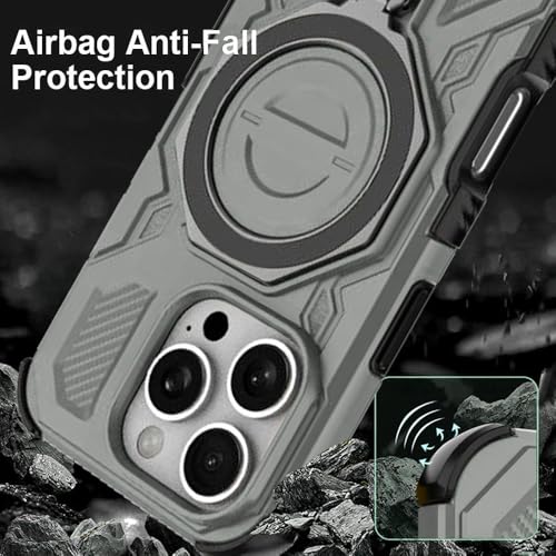 Image of KARWAN Tough Shockproof Armor Back Case Cover Compatible with iPhone 16 Pro Max with 360 Degree Rotation Magnetic Attraction Ring, Holder Heavy Duty Rugged Cover with MagEaze Wireless Charging (Grey)