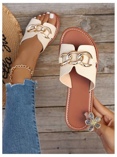 Verdusa Women's Open Toe Chain Flat Sandals Faux Leather Summer Slippers Slip on Slides2