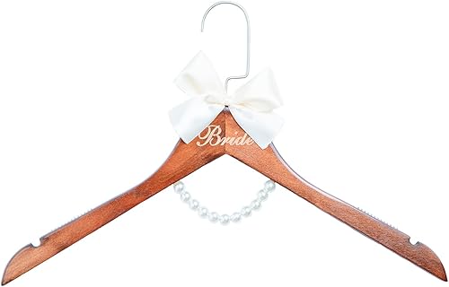 Colgador de vestido de novia para novia, regalo de boda, percha de madera marrón con perlas y lazo para vestidos de novia, regalo de despedida de