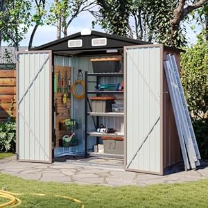 Aoxun 6×39 FT Shed with Base Metal Outdoor Storage Shed Garden Shed with Lockable Doors Tool Shed Bike Shed for Backyard Patio Poolside Brown