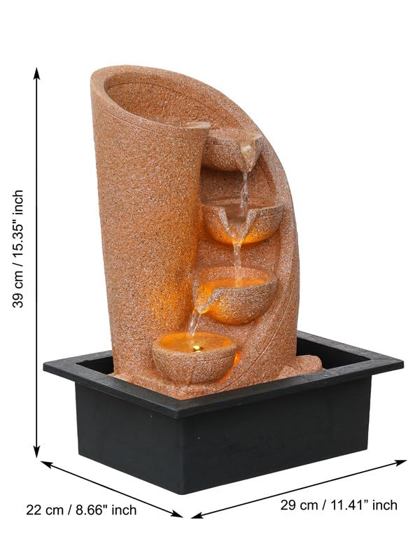Image of Polyresin Table Top Cream Colour Indoor 3 Designer Steps Waterfall Fountain for Home Decor with Yellow LED Lights & Water Flow Controller Pump (Size: 38 x 29.5 x 22CM | Weight: 1750grm)