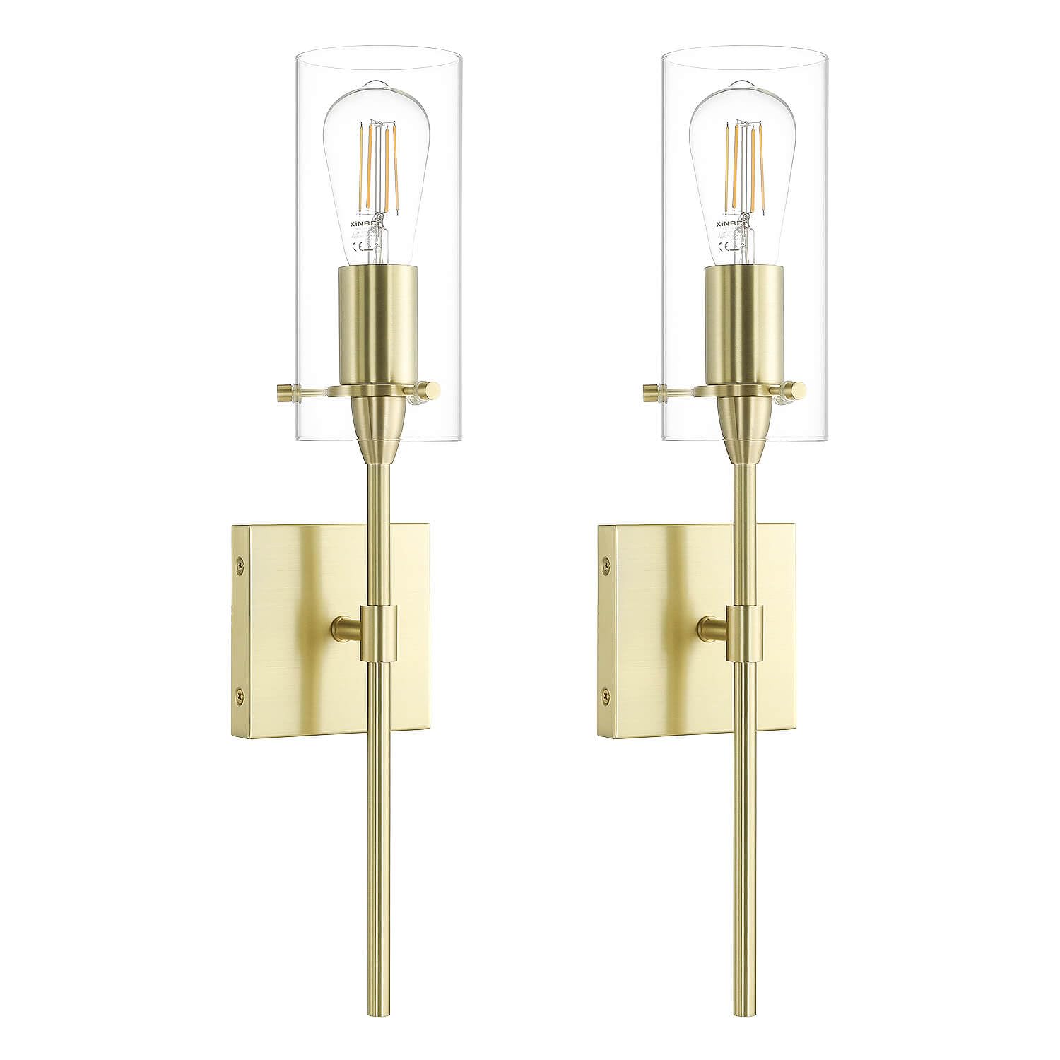 XiNBEi Brass Wall Lights Set of 2 Indoor Wall Sconce with Clear Glass Modern Hardwired Sconce Lights for Bathroom Living Room Halway Loft NL-W1301-2SB