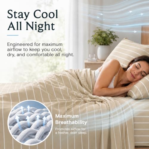 Image of Queen Size Striped Sheets, Deep Pocket Soft & Cooling Bed Sheet Set, 4PC