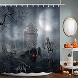 APROPHIC Halloween Shower Curtain Ghost Skeleton Bones Bathroom Decor Gravestone Bath Curtain Set Bathtub Waterproof Washable Fabric with Hooks 72''X72''