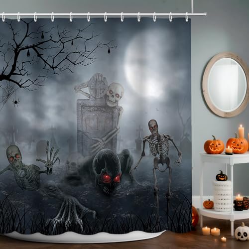 APROPHIC Cortina de ducha de Halloween, diseño de huesos de esqueleto fantasma, decoración de baño, juego de cortina de baño con lápida, impermeable, tela lavable con ganchos, 72 x 72 pulgadas