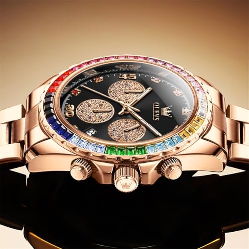 Image of OLEVS Watch for Men Luxury Gold Diamond Chronograph Business Wristwatch with Analog Quartz, Date Calendar, Stainless Steel Band, Luminous Hands, Waterproof