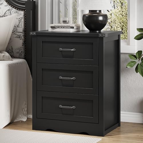 Image of Nightstand with 3 Drawers, 24 inch Wide Farmhouse Bedside End Table, Rustic Wood Side Table Night Stand with Mental Handle, Tall Modern Small Dresser Chest of Drawers for Bedroom, Living Room, Dorm, Black