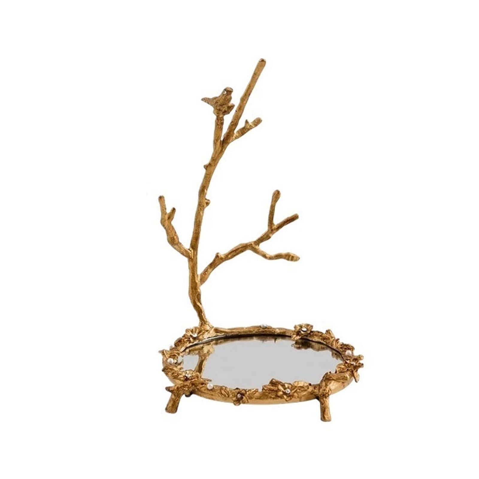 Stojak na biżuterię Vintage Golden Branch Alloy Jewelry Stand with Mirror Tray Stojak na naszyjnik