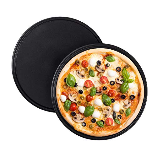 Relaxdays Pizzablech, 2er Set, rund, antihaftbeschichtet, Pizza & Flammkuchen, Carbonstahl, Pizzaform, ca. 1 cm (h) x 32 cm, grau, 10025633