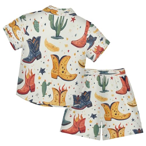 Boccsty Cowboy Boots Stars Cactus Fire Boy Summer Shorts Sets Hawaiian Toddler Boys T-Shirt & Pants 2 Pcs 3T2