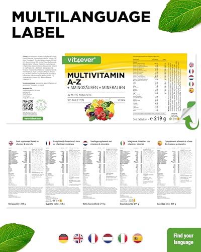 Multivitamin A-Z - 365 Tabletten (12 Monate) - 32 aktive Inhaltsstoffe - Kombination aus Mineralien + Aminosäuren + Spurenelementen + Pflanzenextrakten - Vegan - Hochdosiert