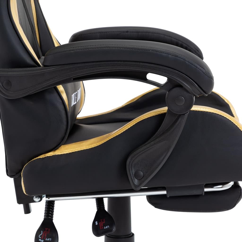 Silla de gaming con reposapiés, color dorado y negro, piel sintética, altura regulable, ergonómica, giratoria con soporte para la cabeza y lumbar, para trabajar cómodamente y jugar en la