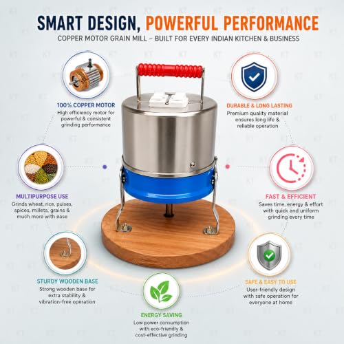 Image of DRUMSTONE ( 2026 Brings 5 Years WARRANTY ) Copper Motor Grain Mill Machine Heavy Duty Flour Grinder for Home & Small Business Use, Pure Wood Base, Powerful 8 No. Madhana