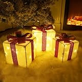 Fulong Festive Christmas Lighted Gift Boxes - Set of 3, Collapsible Indoor Holiday Decorations with 60 Pre-Lit Warm LED Lights, Sturdy Metal Frame & Glittering Fabric, for Fireplace & Christmas Tree