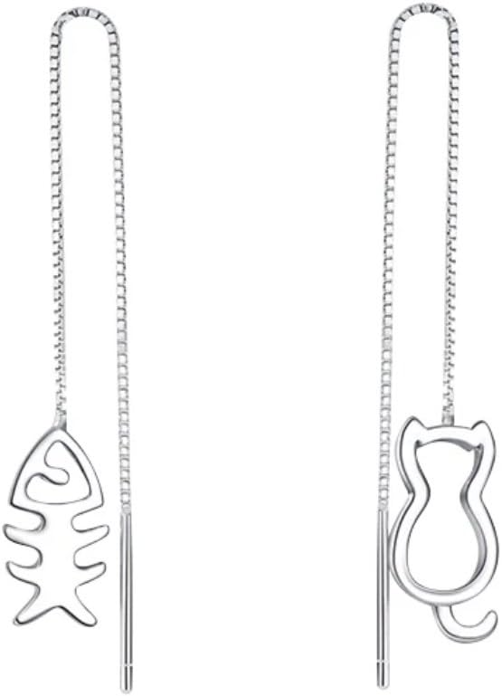 Iszie925 Sterling Silver Cat Fish Theader Dangle Long Pull Through Drop Earrings for Girls Women