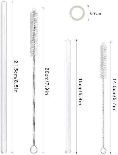 Annvchi Glasstrohhalme Wiederverwendbar 16 Stück - 6 Kurze Glas Strohhalm + 6 Lange Gerade Strohhalm Glas+ 4 Reinigungsbürsten, Geeignet für Bubble Tea, Slush, Cocktail, Säfte