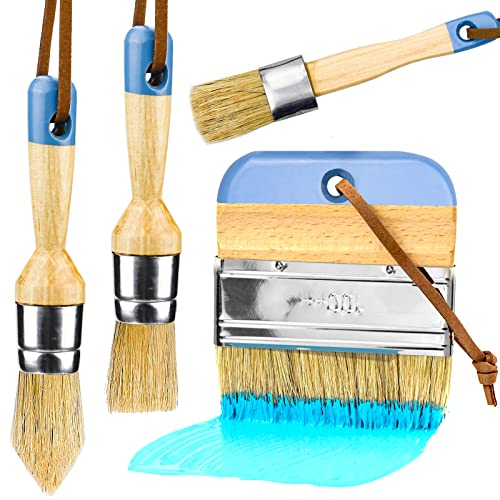 Xiumeso Lot de 4 Pinceaux de Peinture à La Craie en Bois et à La Cire, Brosse à Pochoir, Poils Naturels, Brosse à Épiler de Peinture DIY avec Taille-Crayon et Pinceau Rond pour Meubles en Bois Cover