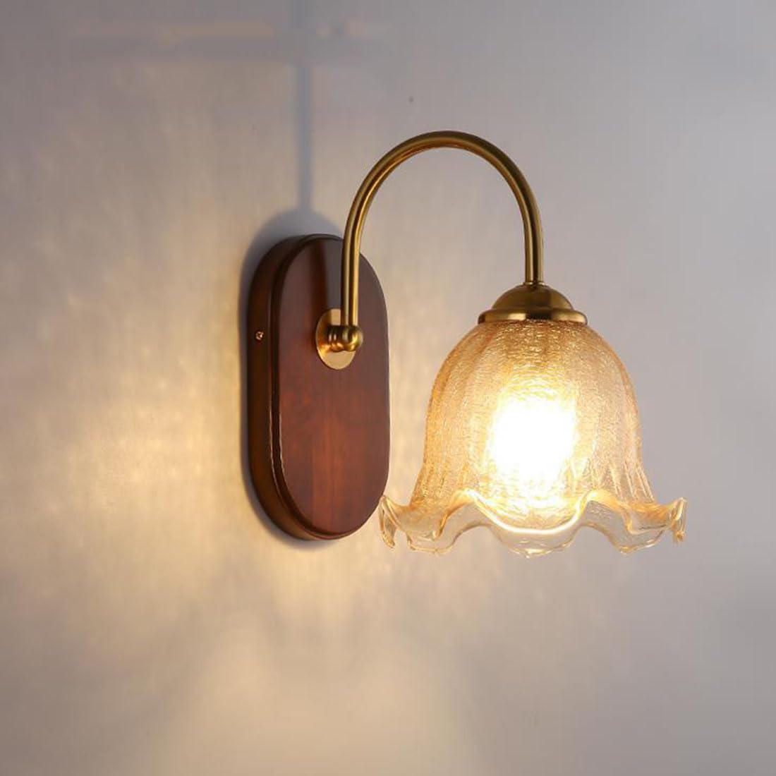 Applique da parete moderna per camera da letto, paralume a forma di fiore, base in legno rustico, lampada a collo d'oca E27, luci in stile nordico industriale per soggiorno, comodino, veranda, ingres