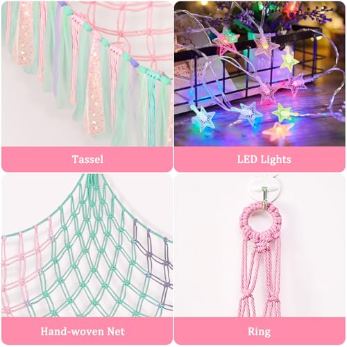 Lunriwis Kuscheltier Aufbewahrung Netz mit LED-Leuchten, Boho Makramee Spielzeug kinderzimmer deko, StofftieStofftier Aufbewahrungstasche Hängematte Aufbewahrung Kuscheltiere Lila