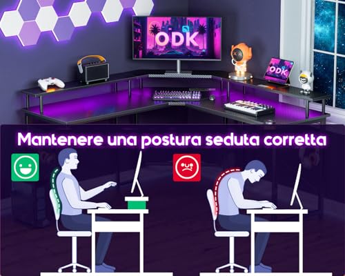 Scrivania Gaming con LED, Scrivania Gaming Angolare con Prese e Porte USB, Supporto per Monitor, Nero Fibra di Carbonio, 129x129 cm - Scrivania Gaming - Immagine 7