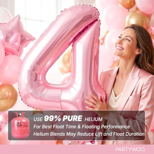 Image of PartyWoo Baby Pink Number 4 Balloon 40 Inch 25pcs Pink Foil Star White Gold