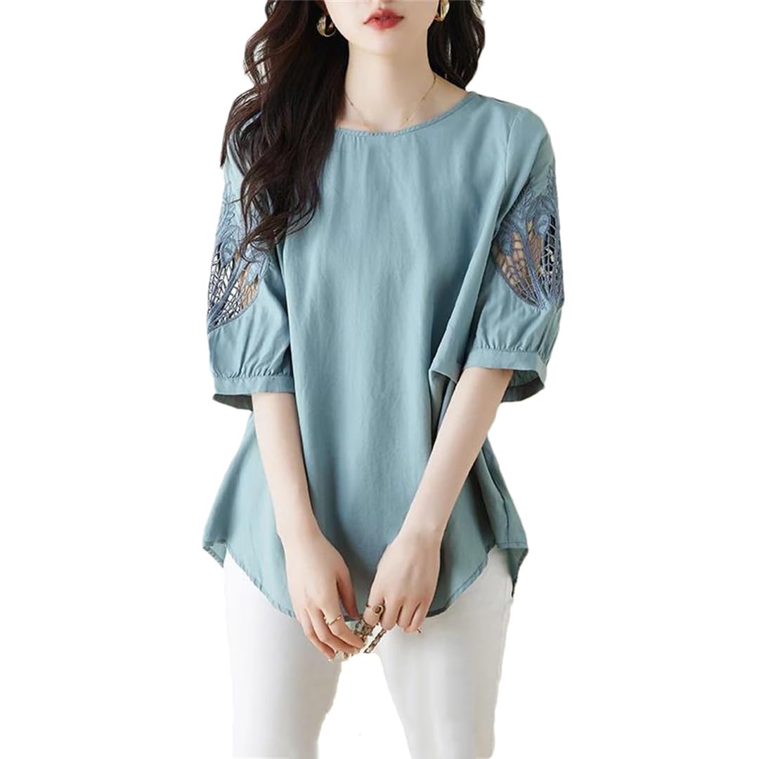 T-shirt d'été uni à col rond pour femme - T-shirt ample et irrégulier