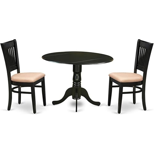 East West Furniture DLVA3-BLK-C 3 Piece Kitchen Table Set for Small Spaces Contains a Round Dining Room Table with Dropleaf and 2 Linen Fabric Upholstered Chairs, 42x42 Inch, Black