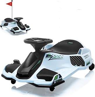 Drift Kart,24V Electric Go Kart for Kids 8+,7Ah Battery 180W Brushless Motor, with High/Low Speed Switch,Music,Front+Tail LED Light,Low-Power Alarm,5.5" Front Tire, for Riders up (White 12v)