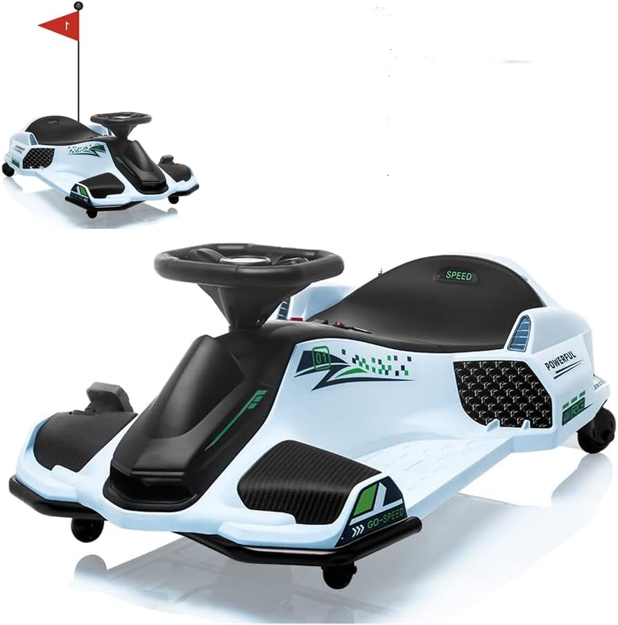 Drift Kart,24V Electric Go Kart for Kids 8+,7Ah Battery 180W Brushless Motor, with High/Low Speed Switch,Music,Front+Tail LED Light,Low-Power Alarm,5.5" Front Tire, for Riders up (White 12v)