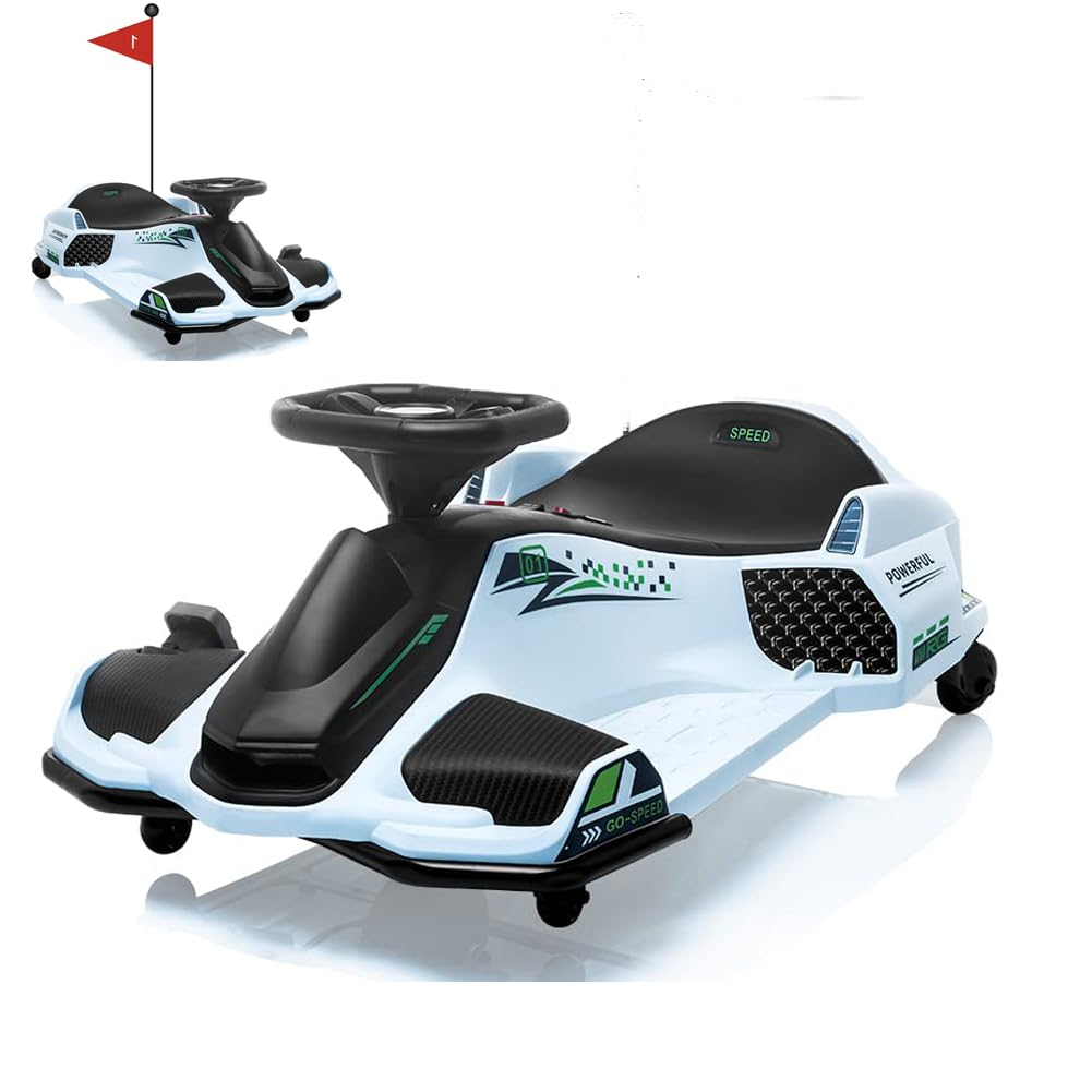 Drift Kart,24V Electric Go Kart for Kids 8+,7Ah Battery 180W Brushless Motor, with High/Low Speed Switch,Music,Front+Tail LED Light,Low-Power Alarm,5.5" Front Tire, for Riders up (White 12v)