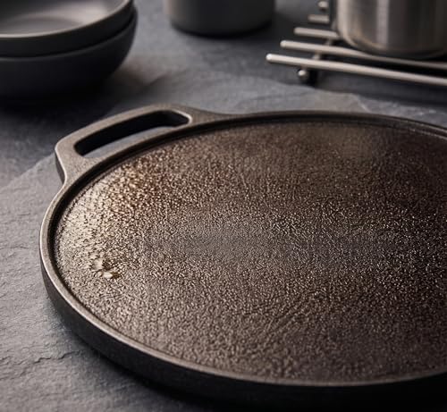 Image of E-COSMOS Cast Iron Dosa Tawa (12 Inch / 30 cm) - Pre-Seasoned Flat Griddle Pan for Uthappam, Paratha, and Naan - Induction Friendly Cookware, Black