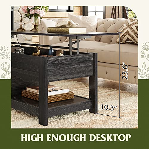 Image of WLIVE Modern Lift Top Coffee Table,Rustic Coffee Table with Storage Shelf and Hidden Compartment,Wood Lift Tabletop for Home Living Room,Black