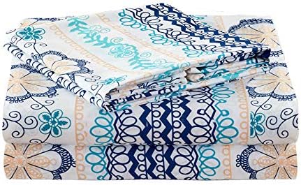 JSD Blue Boho Printed Sheet Set King Size, 4 Piece Soft Floral Microfiber Sheets Extra Deep Pocket