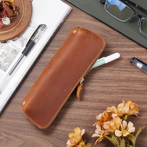 GORGECRAFT Large Capacity Crazy Horse Leather Pen Case Genuine Leather Pen Pencil Cases Big Pencil Pouch with Zipper Vintage Pen Organizer Stationery Bag for Men Women Artists Handmade Saddle Brown - Image 4