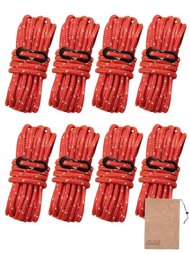 DaLaCa パラコード テントロープ タープロープ ガイロープ 反射材入り 太さ 4mm / 5mm 長さ 4m 6本 / 8本 / 10本 セット 耐荷重 350kg 自在金具 収納袋 付き (レッド8本)