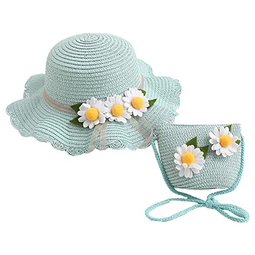 rismart Hat and Bag Set, Toddler Girl Summer Wide Brim Beach Straw Hat with Flower and Shoulder Purse Bag