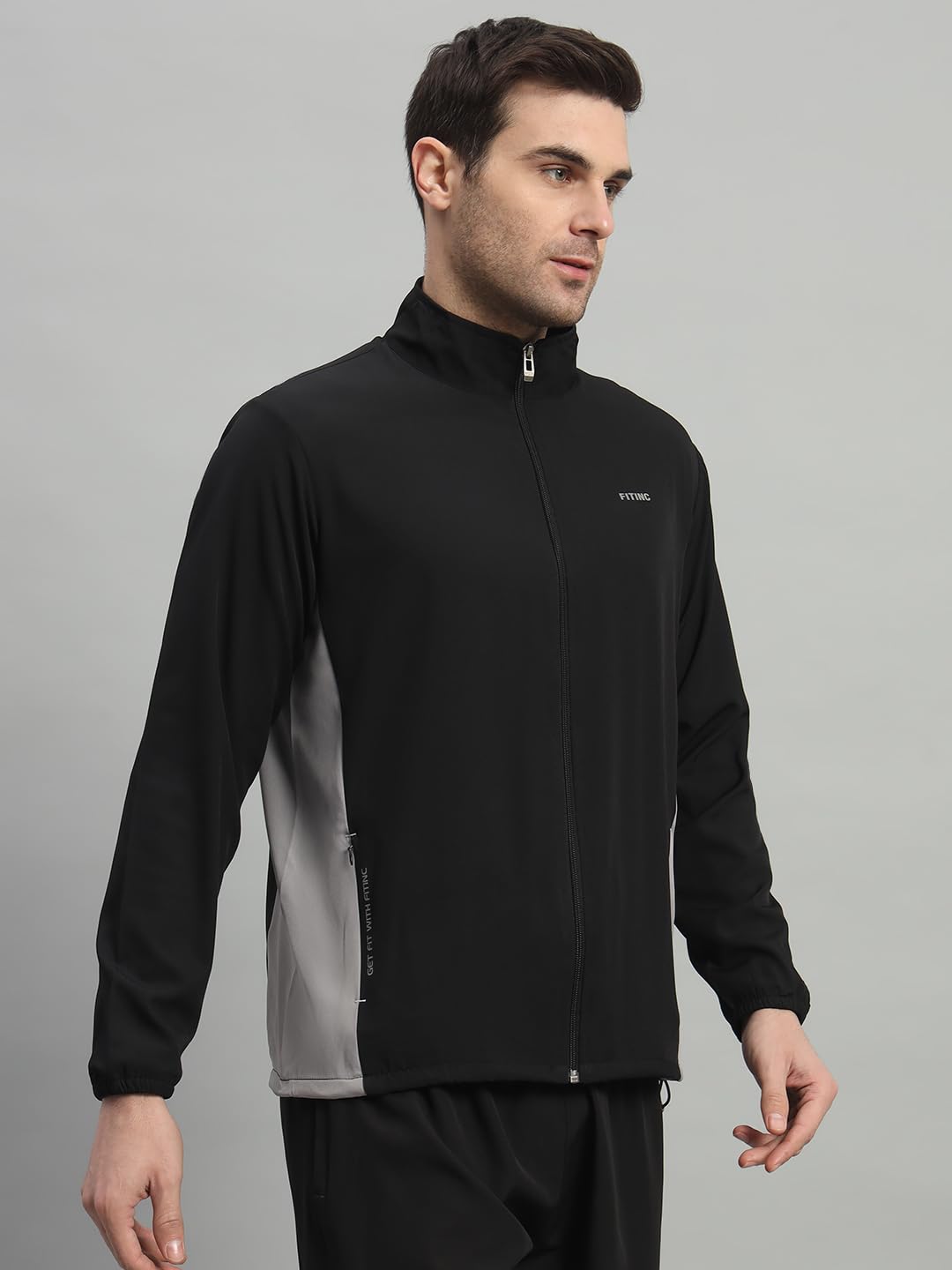 FITINC Polyester Contrast Panel Sports Track Standard Length Jacket For Men - Black (Large) 1