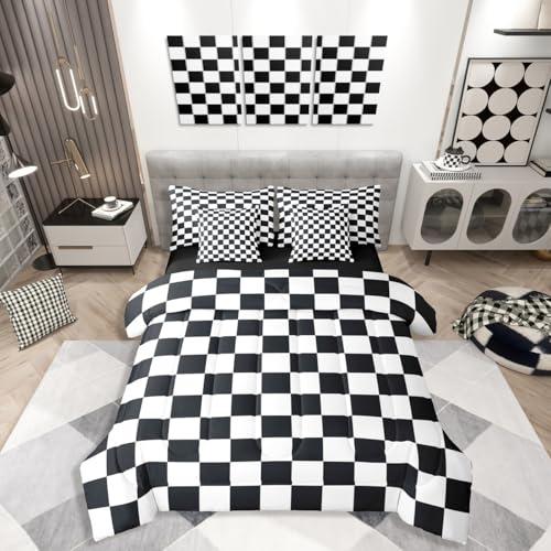 Image of Erosebridal Checkered Full Comforter Set 7 Piece Black and White Buffalo Plaid Bedding Sets for Kids Boys Teen Men,Geometric Grids Gingham Bed in A Bag with Sheets Modern Bed Set Bedroom Decor