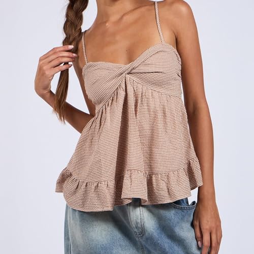 LYSINK Women Y2k Cami Tops Lace Trim Sexy V Neck Spaghetti Straps Crop Camisole Summer Tank Top for Party Streetwear (Be Khaki, L) - Image 2