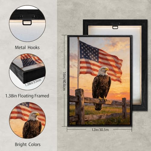Image of American Flag Framed Canvas Wall Art, 4th of July Red White Blue Canvas Prints, USA Flag with Bald Eagle Patriotic Decorations, Vintage Independence Day Wall Decor for Bedroom Living Room 12x16