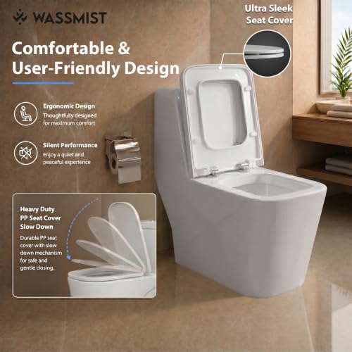 Image of WASSMIST Commode Toilet | One Piece Western Toilet for Bathroom with 10 Year Glaze Warranty | PP Soft Close Seat Cover | 225 mm S Trap