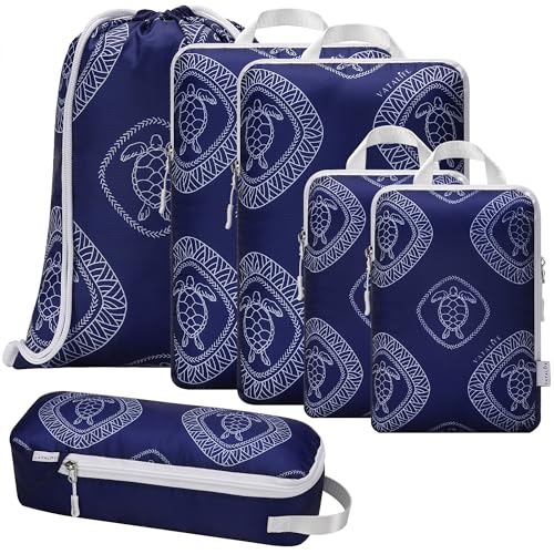 Compression Packing Cubes for Travel 6PC Set - Suitcase Organizer & Space Saver Bags for Carry On Luggage with Drawstring Backpack Turtle Beach Blue